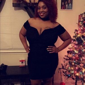 Black off the shoulder dress with attached choker
